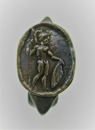 Ancient Greek Bronze Seal Ring Depicting Gladiator 400 - 500ad