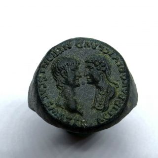 Roman Ancient Artifact Bronze Ring With Emperor Nero And Agrippina