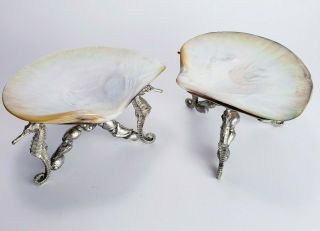 Vintage Set Of 2 Raised Mother Of Pearl Sea Shell Caviar Serving Dish Seahorse 2