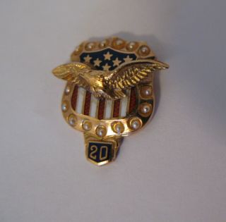 Vintage 14k Gold Enamel W Seed Pearls United States Military 20 Year Pin Bb Co