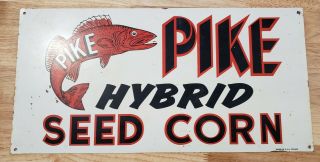 Vintage Pike Hybrid Seed Corn Fish Logo Metal Farm Store Advertising Sign