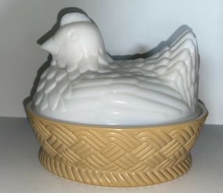 Avon Hen On Nest Covered Dish - Milk Glass With Colored Base (with Mark)