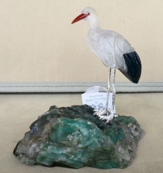 Heron Of Rock Crystal And Obsidian On Emerald 4 1/4  - Peter Muller