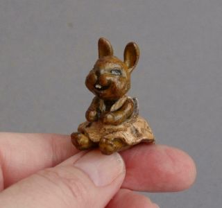 Signed Vintage Cold Painted Bronze Miniature Baby Girl Rabbit Pink Dress Bunny