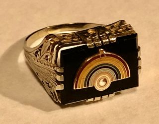 10k White Gold Ring With Black Onyx Circa 1930s Rainbow Girls Masons Masonic 6.  5