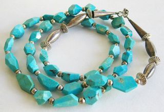 Vintage Navajo Sterling Silver Natural Blue Turquoise Nugget Beaded Necklace 27 "