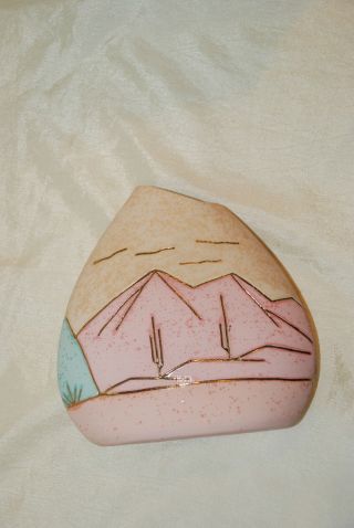 Southwest Art Pottery Vase Ceramic Gold Trim Pink Blue Beige Cactus Mountains
