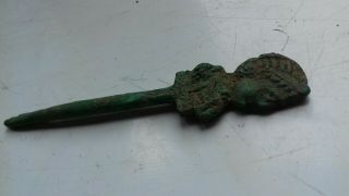 Very Rare Ancient Roman Bronze Bust Pin With An Emperor