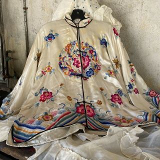 Antique Chinese Silk Robe Jacket Colorful Embroidered Florals Moths Vintage