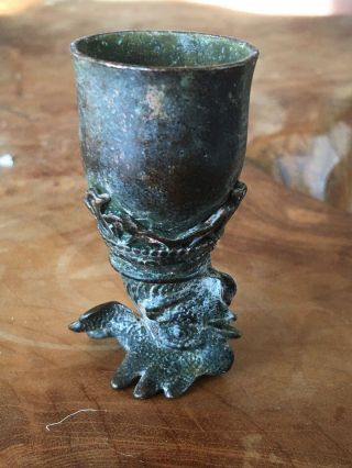 Scarce Ancient Crusaders Bronze Wine Cup Decorated With Chicken Head 1100 Ad