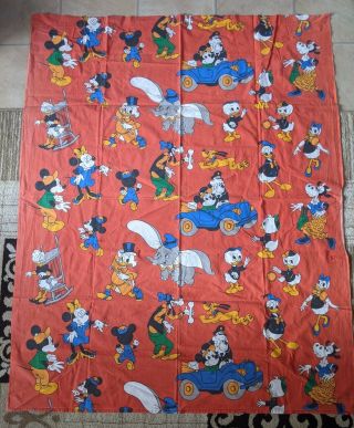 Vtg 60s 70s Disney Curtain Sheet Fabric Mickey Minnie Daisy Goofy Donald Dumbo
