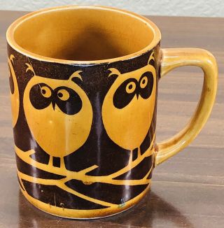 Vintage 1970s Owls Sitting On Branches Mug Coffee Cup Brown Japan 8 Oz