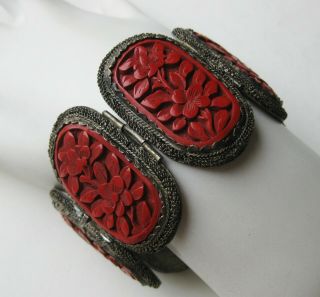 Fine Vintage Chinese Carved Red Cinnabar Silver Panel Link Wide Bracelet