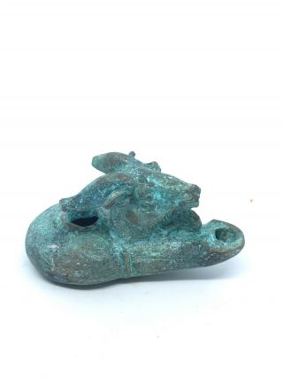 Ancient Bronze Oil Lamp In The Form Of A Ram