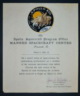 Nasa Msc Apollo 13 Employee Award Certificate Signed By James A.  Mcdivitt