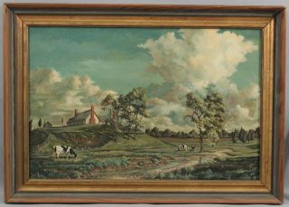 Artist Signed Country Farm & Cow Landscape O/c Oil Painting,