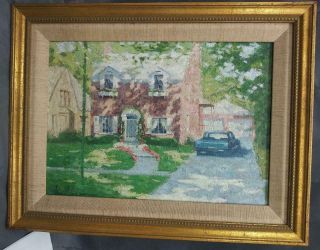 Vintage Oil Painting American Impressionist House Car Landscape Artist Signed 2