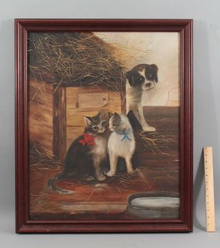 Antique Signed American Folk Art Oil Painting Jack Russell Puppy & 2 Cats,  Nr