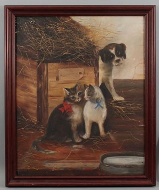 Antique Signed American Folk Art Oil Painting Jack Russell Puppy & 2 Cats,  NR 2