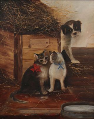 Antique Signed American Folk Art Oil Painting Jack Russell Puppy & 2 Cats,  NR 3