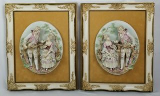 2 Vintage Framed Porcelain Lovers Sculpture Wall Plaque Relief Capodimonte Style