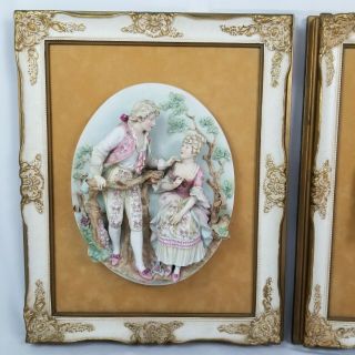 2 Vintage Framed Porcelain Lovers Sculpture Wall Plaque Relief Capodimonte Style 2