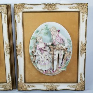 2 Vintage Framed Porcelain Lovers Sculpture Wall Plaque Relief Capodimonte Style 3