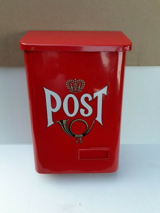 Vintage Swedish Red Metal Post Mail Box With Mounting Brackets 14 "