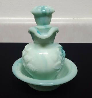 Vintage Avon Green Marbled Milk Glass Decanter/Pitcher with Topper & Bowl. 2