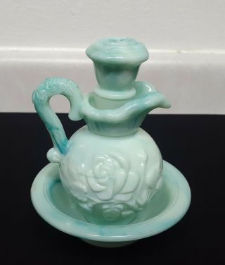 Vintage Avon Green Marbled Milk Glass Decanter/Pitcher with Topper & Bowl. 3