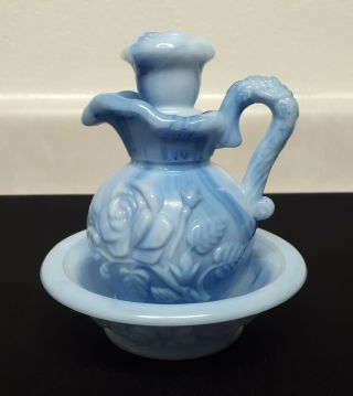 Vintage 1978 Avon Blue Marbled Milk Glass Decanter/pitcher With Topper & Bowl.