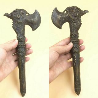 Wonderful Antique Roman Ancient Old Bronze Axe With Animal Head