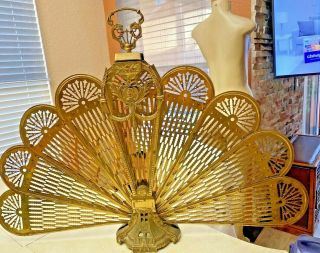 Vintage Ornate Brass Peacock Fireplace Fan Folding Screen Art Deco