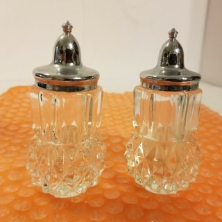 Vintage 4 " Salt & Pepper Shakers Indiana Glass Diamond Cut Crystal Clear
