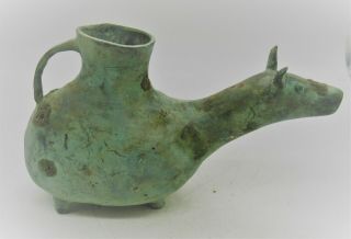 Ancient Persian Bronze Rhyton Vessel With Handle & Beast Head