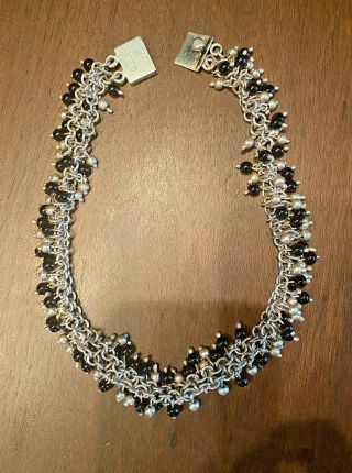 Vintage Mexican 925 Sterling Silver Necklace 16 " With Sterling And Black Beads