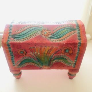 Vintage 1970s Mexican Hand Carved Painted Wood Box Chest Trunk Jewelry Folk Art