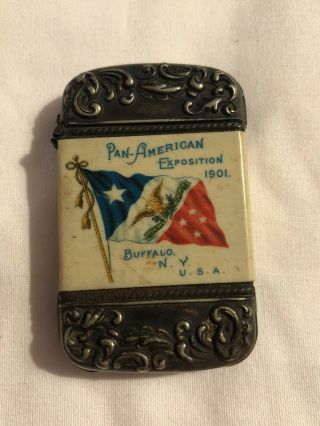 Pan American 1901 Exposition - Flag & Logo On A Celluloid Wrapped Match Safe