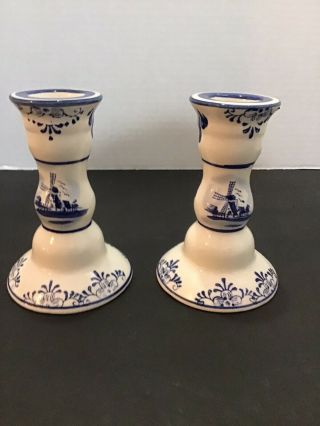 4.  25” Vintage Cobalt Blue And White Porcelain Candlestick Candle Holders