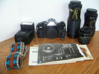 Vintage Canon A - 1 35mm Slr Film Camera With 3 Lenses,  Flash,  Manuals,  Strap