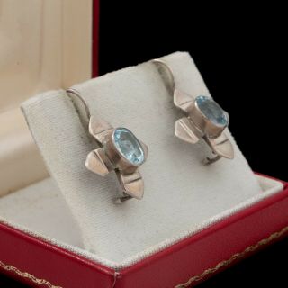 Antique Vintage Art Deco 925 Sterling Silver Aquamarine Geometric Drop Earrings