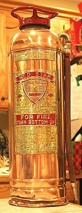 Rare Antique Vintage " Red Star " Copper Brass Fire Extinguisher - Polished Restored