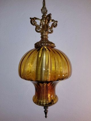 Large Vintage Mid Century Mushroom Amber Blown Optic Glass Hanging Swag Lamp