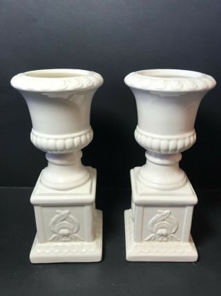 Set Of 2 Vintage Grecian Pedestal Candle Stick Holders - White Ceramic 7 " Tall