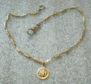 Fine Antique Yellow Gold Plated Pocket Watch Chain With 14k Gold Masonic Charm