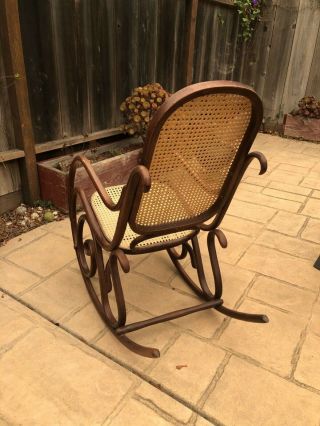 Vintage Rattan Bentwood Rocker Rocking Chair Thonet Style Dark Brown Wicker Back 2