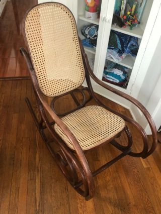 Vintage Rattan Bentwood Rocker Rocking Chair Thonet Style Dark Brown Wicker Back 3