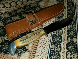 Vtg 1965 - 69 Case Xx Usa 523 - 5 Stag Handled Fixed Blade Knife And Sheath