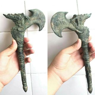 Rare Ancient Roman Bronze Axe With Animal Head On Top Circa 300 - 400 Bc