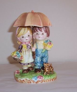 Vintage Boy & Girl Figurine - Removable Umbrella - Flowers,  Cat - Marked C - 9031